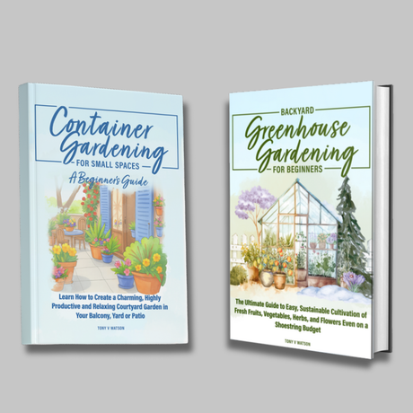 Two gardening books titled 'Container Gardening for Small Spaces' and 'Backyard Greenhouse Gardening for Beginners' on a gray background.